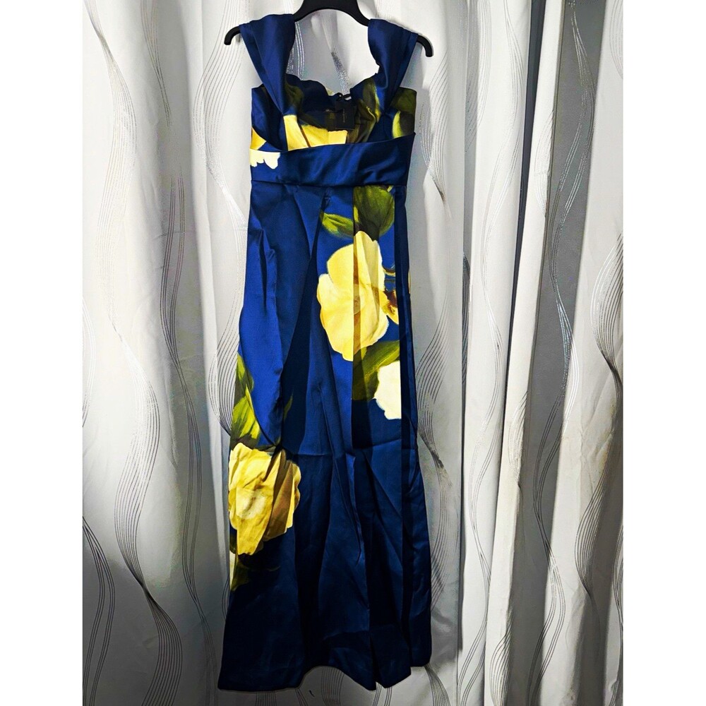 Donna Karan Blue/Yellow/Green Floral Sleeveless Fit & Flare Long Dress 6